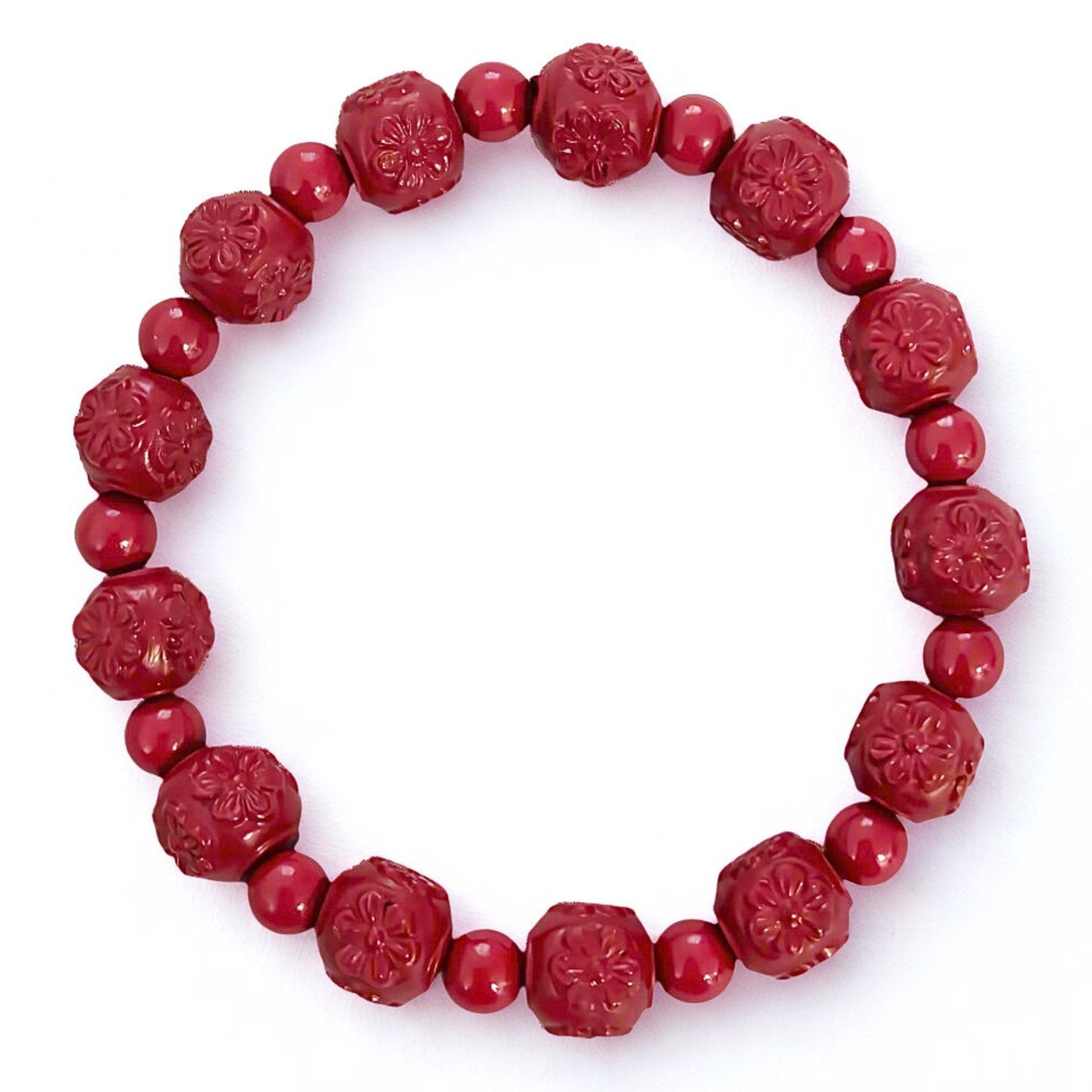 Blooming Grace | Cinnabar Beaded Bracelet, 10mm, Floral Design