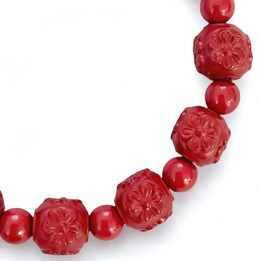 Blooming Grace | Cinnabar Beaded Bracelet, 10mm, Floral Design