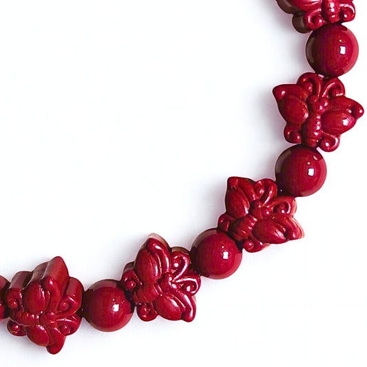 Crimson Wings | Cinnabar Beaded Bracelet, 10mm, Butterfly Design