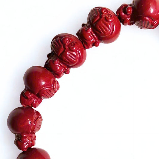 Crimson Wonder | Cinnabar Beaded Bracelet, 10mm, Robot Cat Design