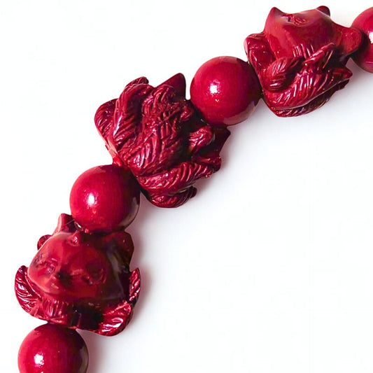 Enchanted Tails | Cinnabar Beaded Bracelet, 10mm, Nine-Tailed Fox Design
