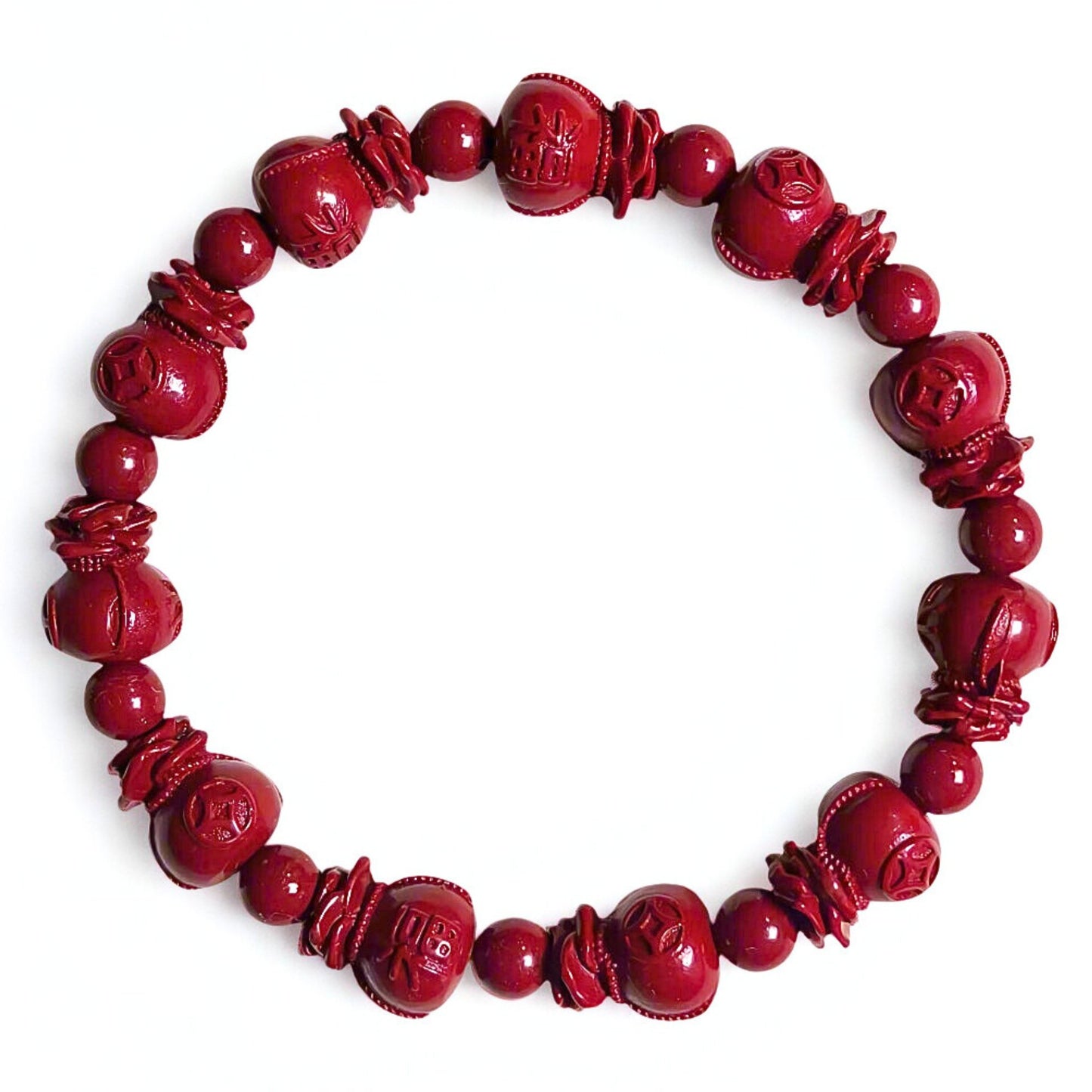 Fortune Bloom | Cinnabar Beaded Bracelet, 10mm, Money Bag Design