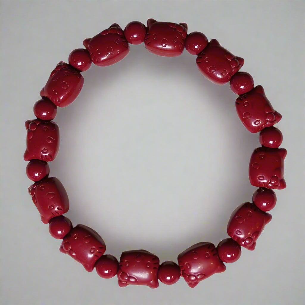 Scarlet Whiskers | Cinnabar Beaded Bracelet, 9mm, Kitty Design
