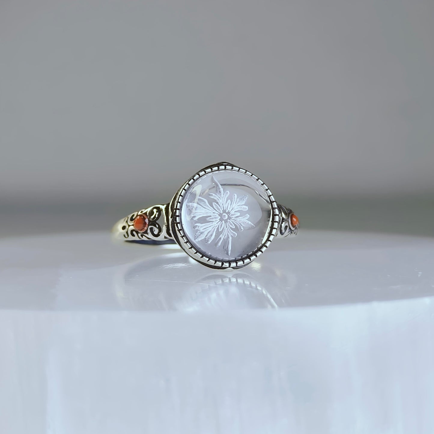 Frosted Bloom | Carved Clear Quartz Ring