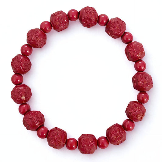 Blooming Grace | Cinnabar Beaded Bracelet, 10mm, Floral Design