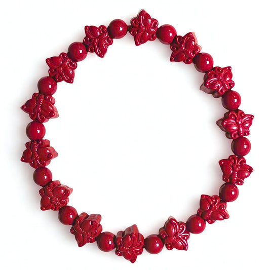 Crimson Wings | Cinnabar Beaded Bracelet, 10mm, Butterfly Design