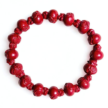 Crimson Wonder | Cinnabar Beaded Bracelet, 10mm, Robot Cat Design