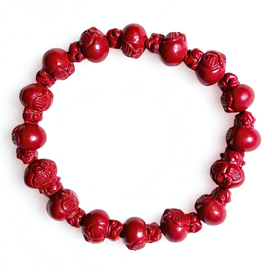 Crimson Wonder | Cinnabar Beaded Bracelet, 10mm, Robot Cat Design