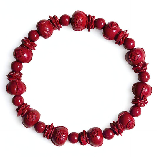 Fortune Bloom | Cinnabar Beaded Bracelet, 10mm, Money Bag Design