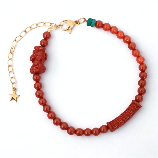 Fortune Thread | Cinnabar Beaded Bracelet, 4mm, Pixiu Charm