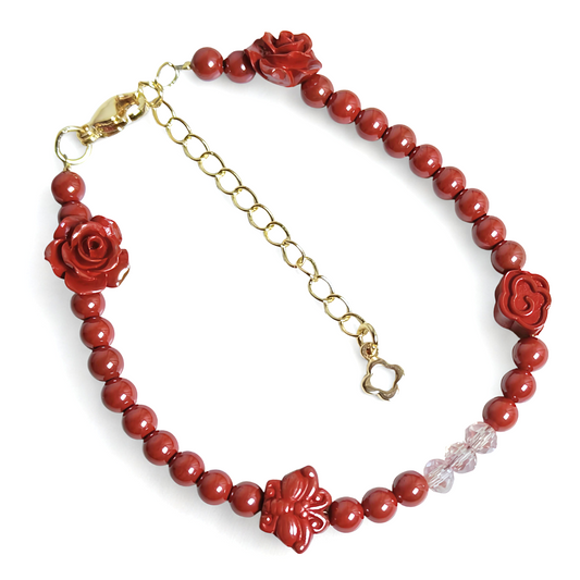 Petal Whisper | Cinnabar Beaded Bracelet, 4mm, Flower & Butterfly Design
