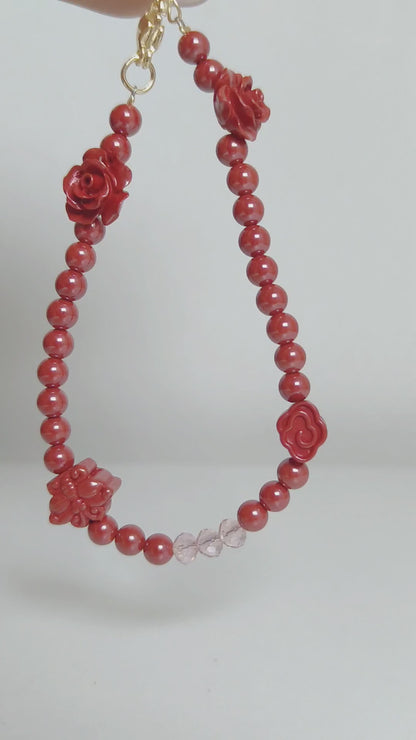 Petal Whisper | Cinnabar Beaded Bracelet, 4mm, Flower & Butterfly Design